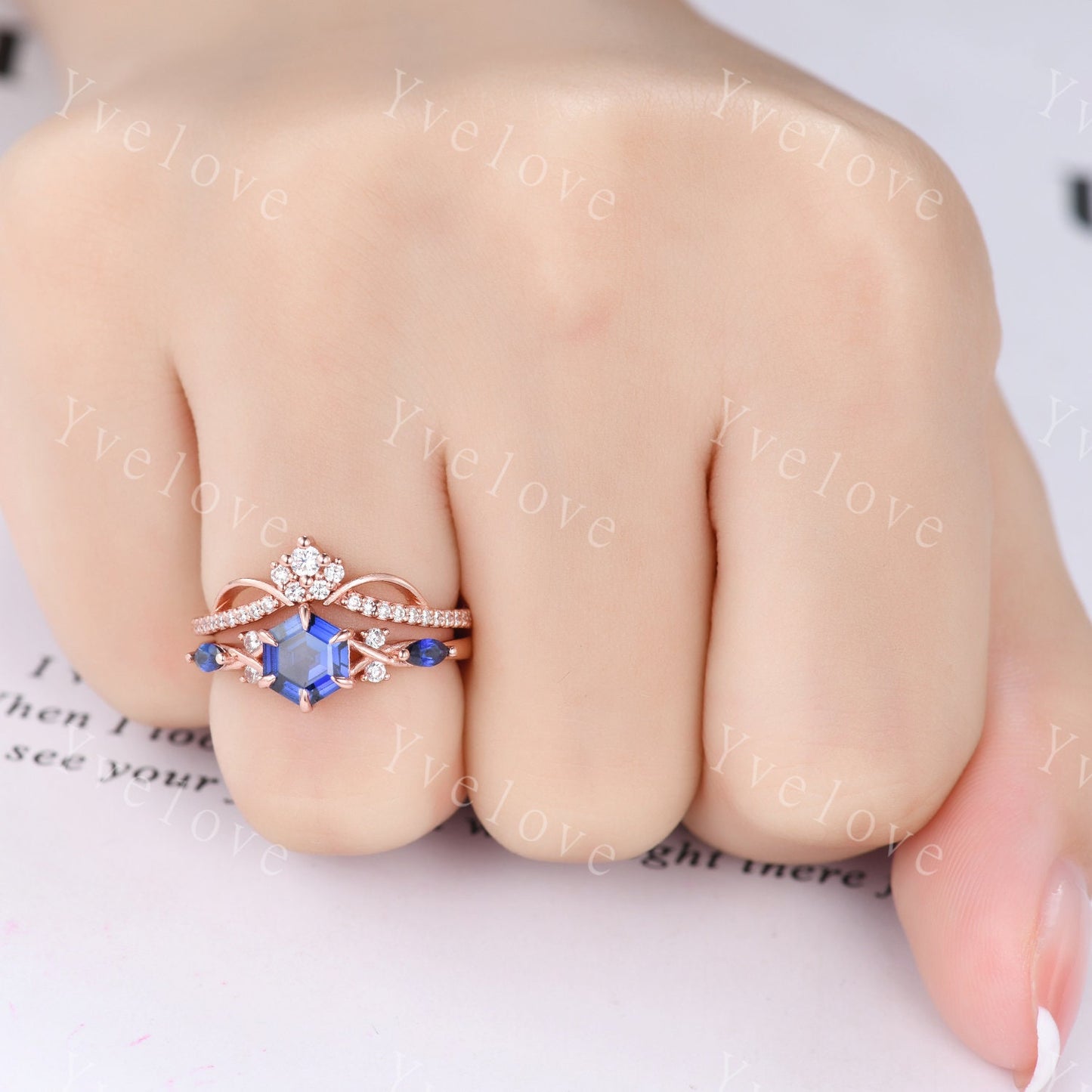 Vintage sapphire engagement ring hexagon sapphire wedding ring rose gold band unique personalized ring art deco bridal ring anniversary gift