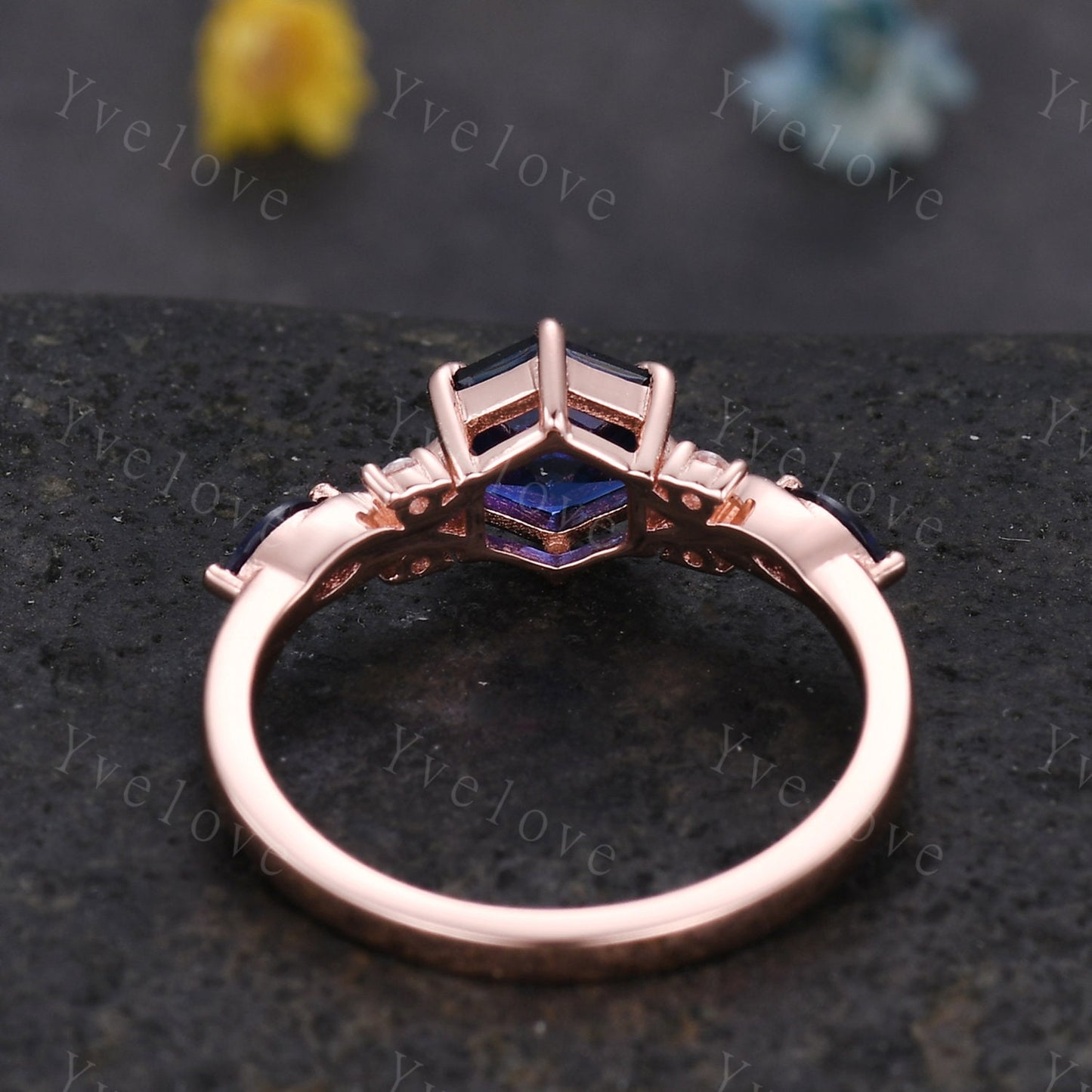 Vintage sapphire engagement ring hexagon sapphire wedding ring rose gold band unique personalized ring art deco bridal ring anniversary gift