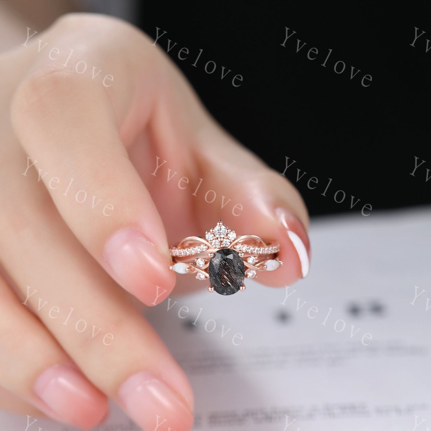 Vintage oval black rutilated quartz engagement ring white opal diamond ring silver unique bridal ring art deco anniversary gift personalized