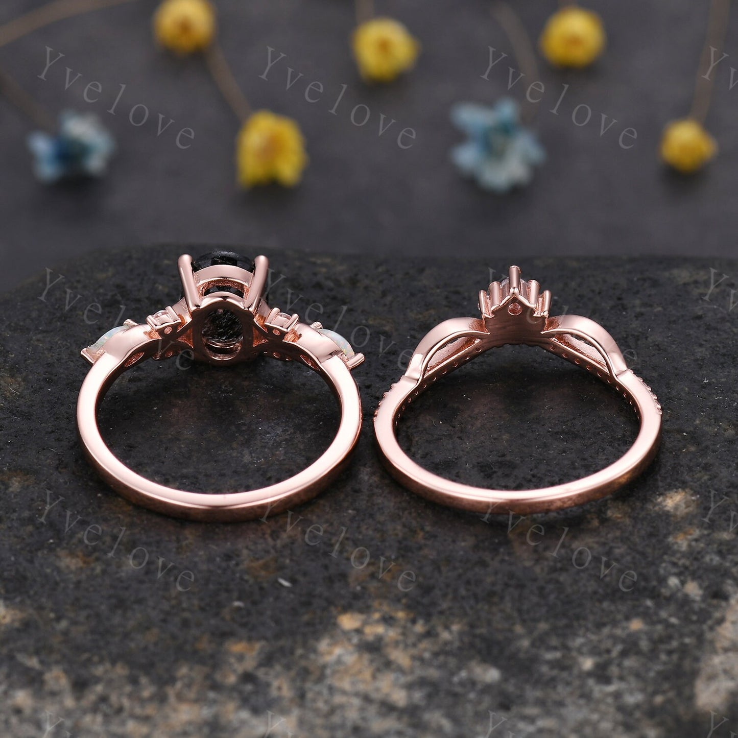 Vintage oval black rutilated quartz engagement ring marquise opal diamond unique floral bridal set art deco anniversary gift personalized