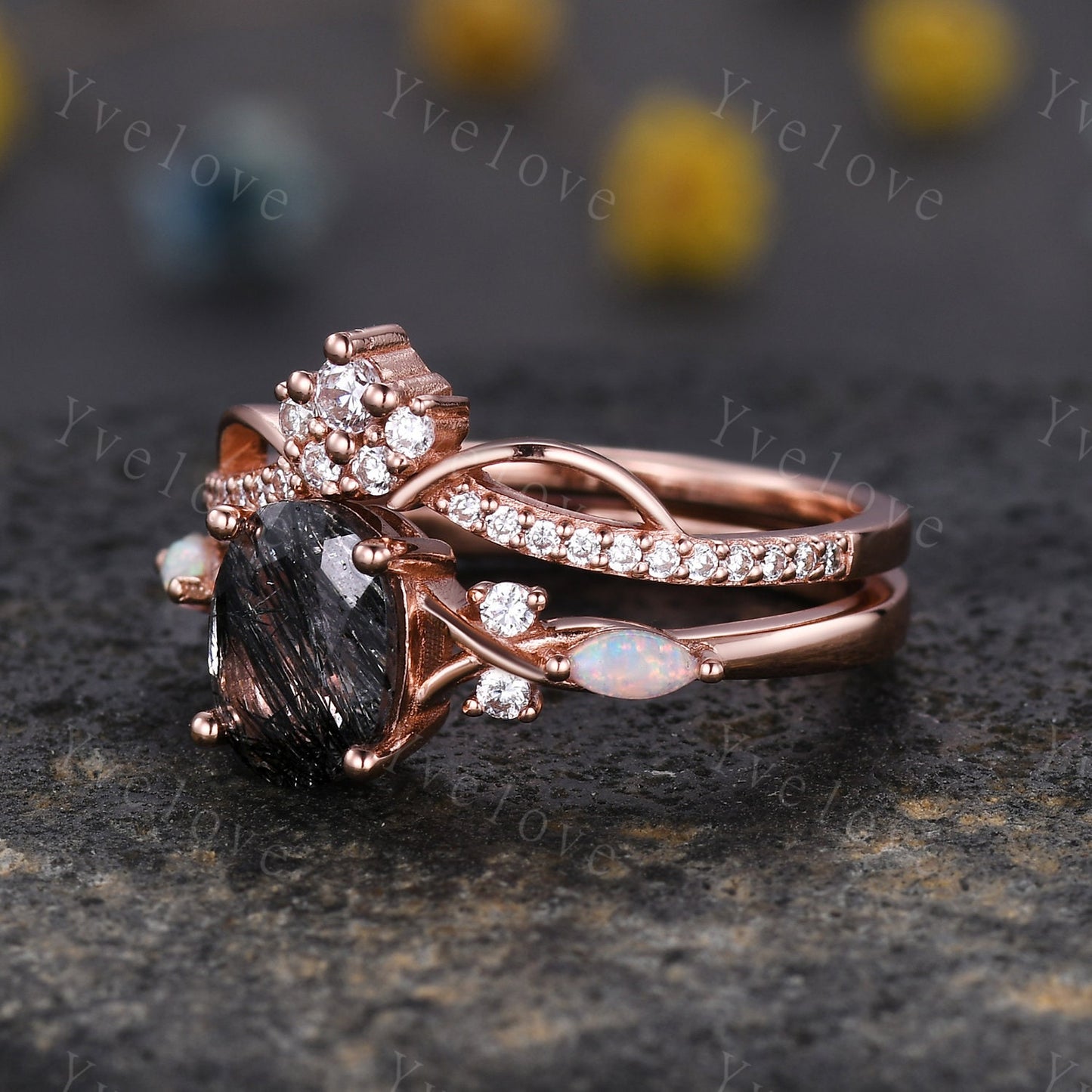 Vintage oval black rutilated quartz engagement ring marquise opal diamond unique floral bridal set art deco anniversary gift personalized