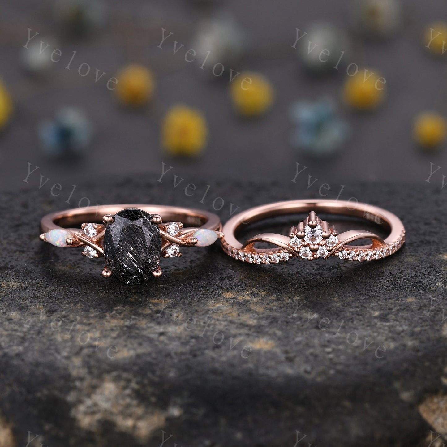Vintage oval black rutilated quartz engagement ring marquise opal diamond unique floral bridal set art deco anniversary gift personalized