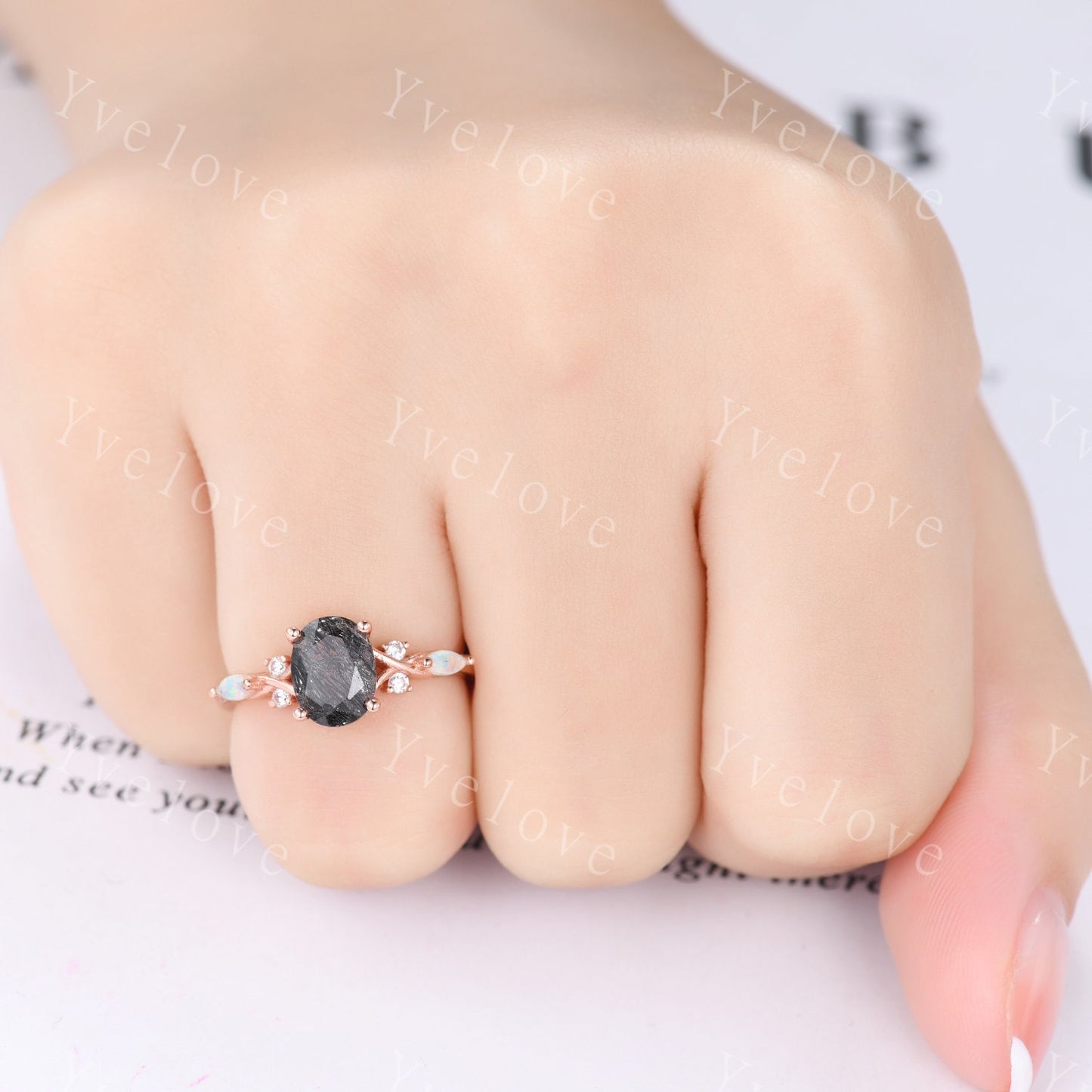 Vintage oval black rutilated quartz engagement ring white opal diamond ring silver unique bridal ring art deco anniversary gift personalized