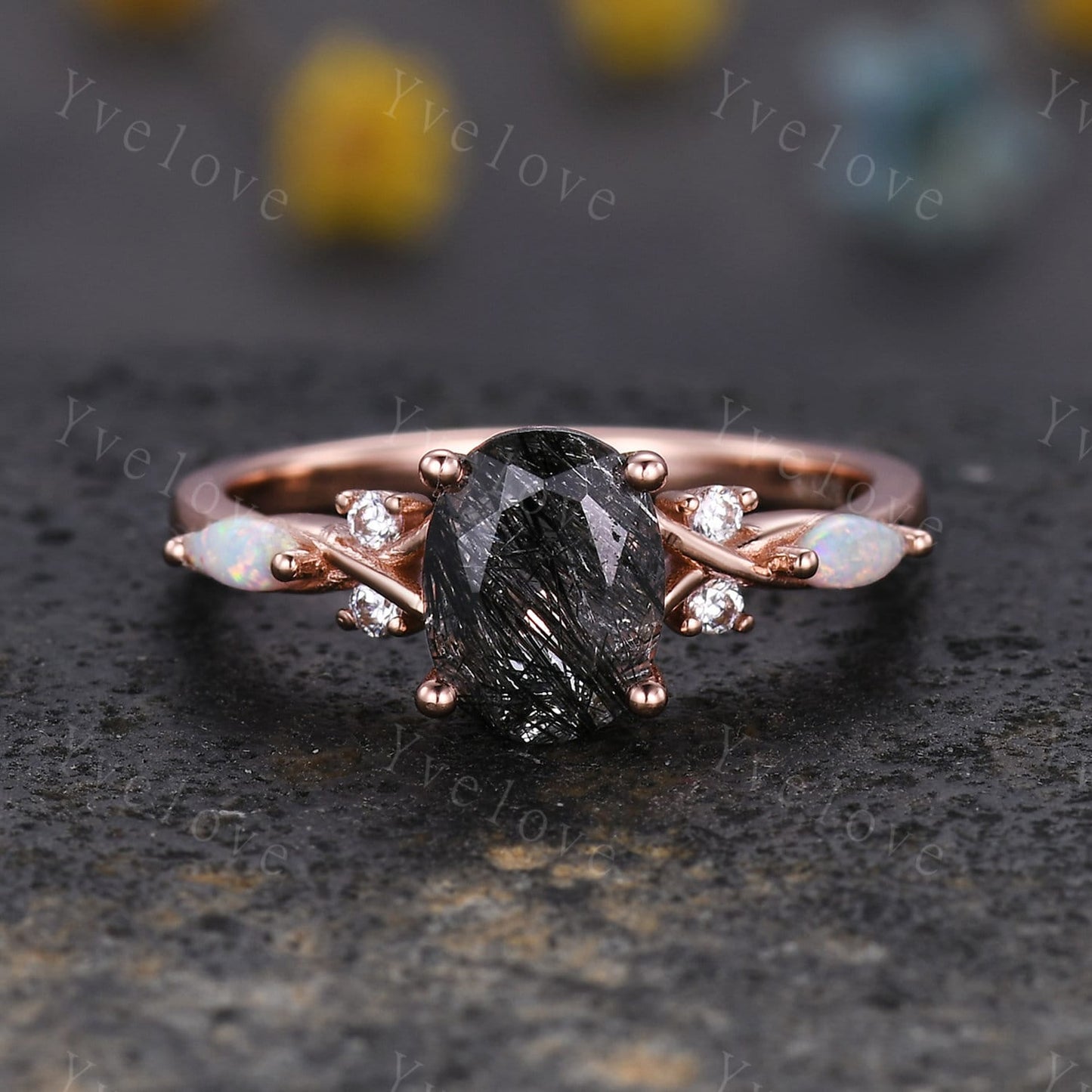 Vintage oval black rutilated quartz engagement ring marquise opal diamond unique floral bridal set art deco anniversary gift personalized