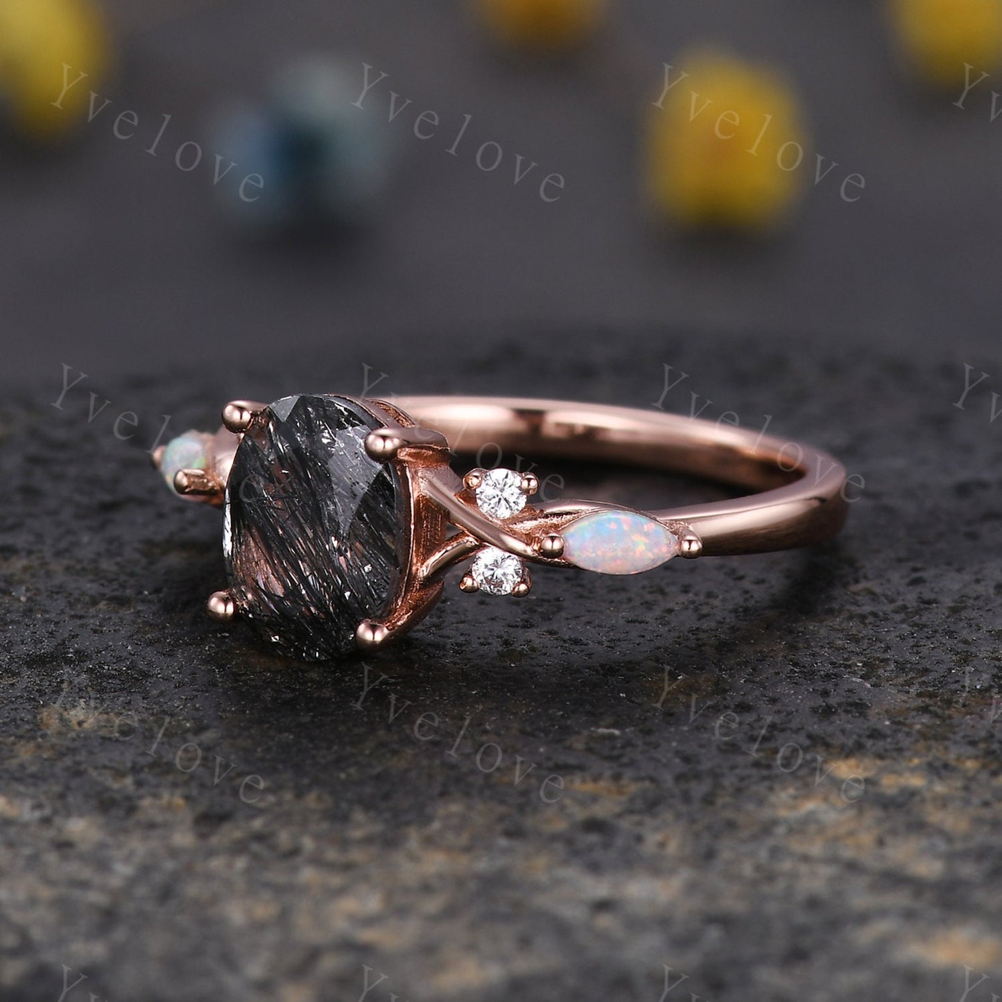 Vintage oval black rutilated quartz engagement ring white opal diamond ring silver unique bridal ring art deco anniversary gift personalized