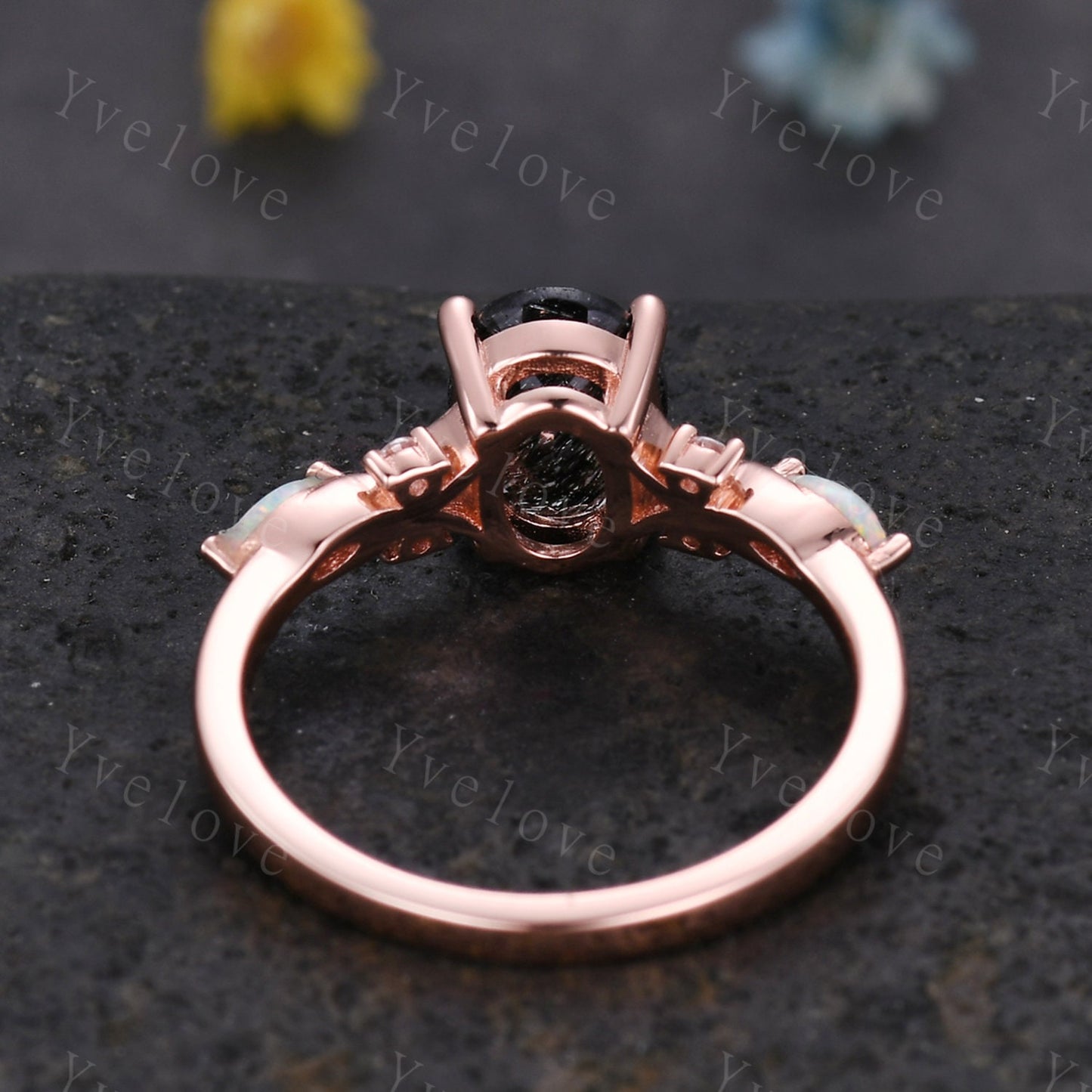 Vintage oval black rutilated quartz engagement ring white opal diamond ring silver unique bridal ring art deco anniversary gift personalized