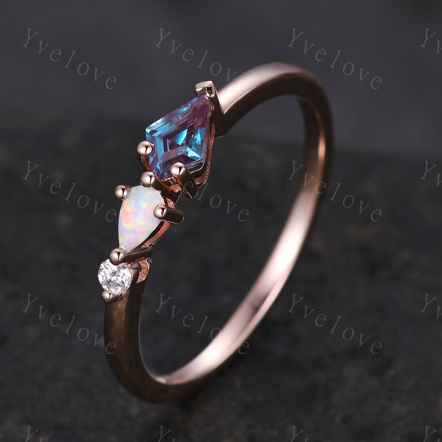 Unique Alexandrite Opal Engagement Ring,Kite Cut Gems,Art Deco Moissanite Wedding Band,3 Stone Unique Women Bridal Promise Ring,Customized