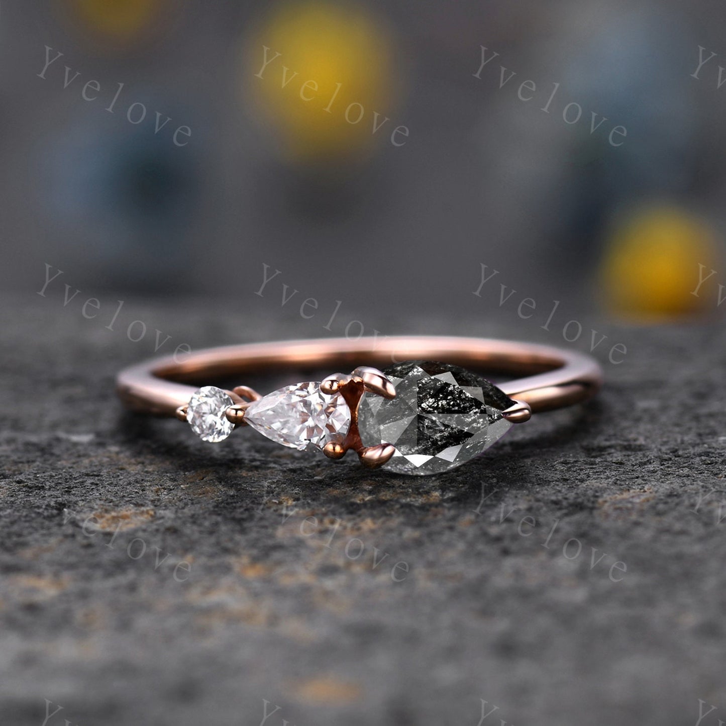 Vintage Salt and Pepper Diamond Engagement Ring,Pear Cut Gems,Art Deco Diamond Wedding Band,3 Stone Unique Women Bridal Promise Ring Gift