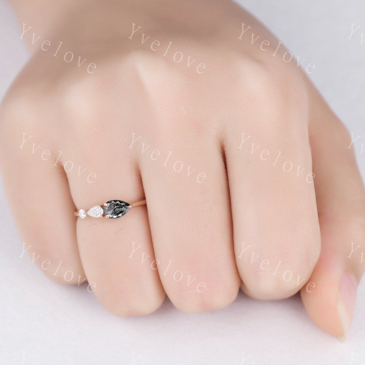 Vintage Salt and Pepper Diamond Engagement Ring,Pear Cut Gems,Art Deco Diamond Wedding Band,3 Stone Unique Women Bridal Promise Ring Gift