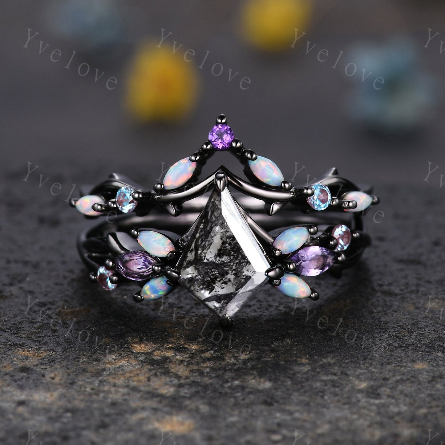 Vintage Kite Salt and Pepper Diamond Engagement Ring Set,Black Gold,Vines Amethyst Opal Ring,Women Bridal Set,Unique Twig Promise Ring Gift