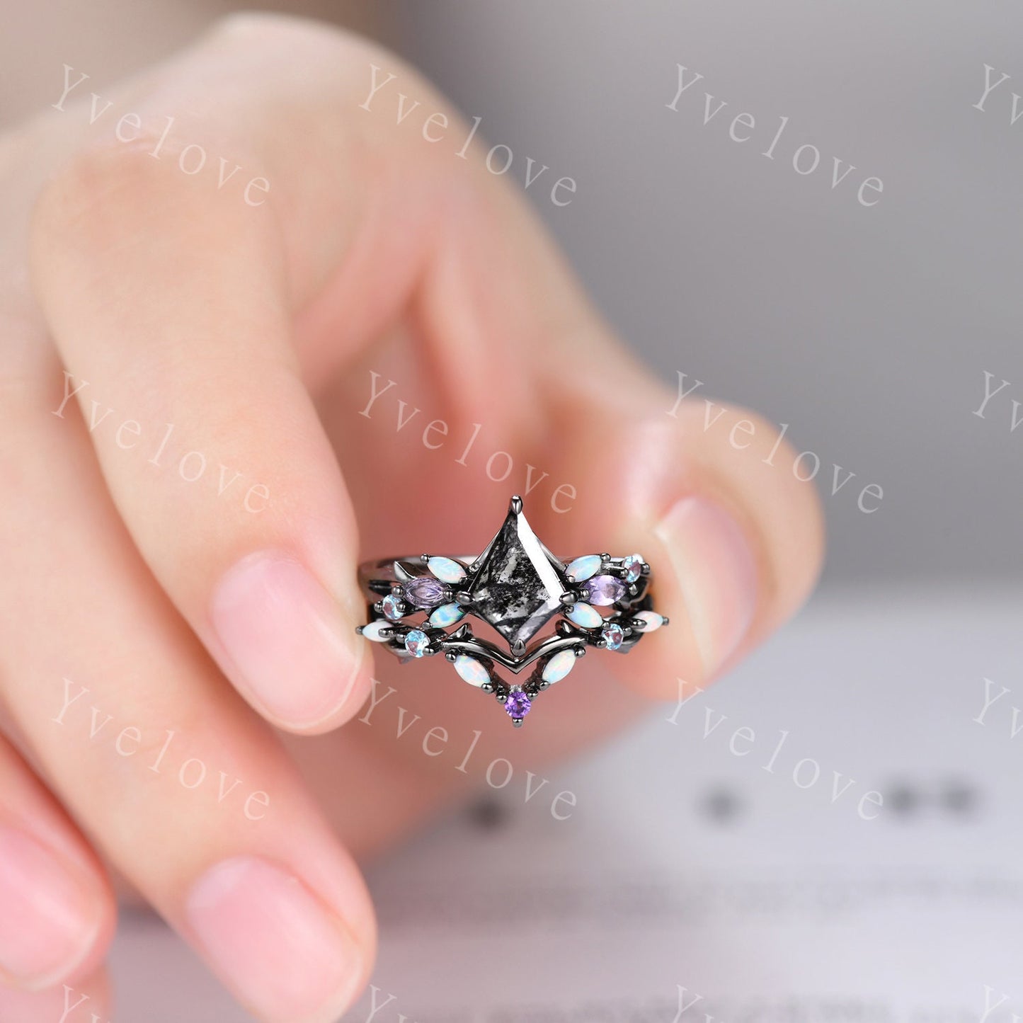 Vintage Kite Salt and Pepper Diamond Engagement Ring Set,Black Gold,Vines Amethyst Opal Ring,Women Bridal Set,Unique Twig Promise Ring Gift