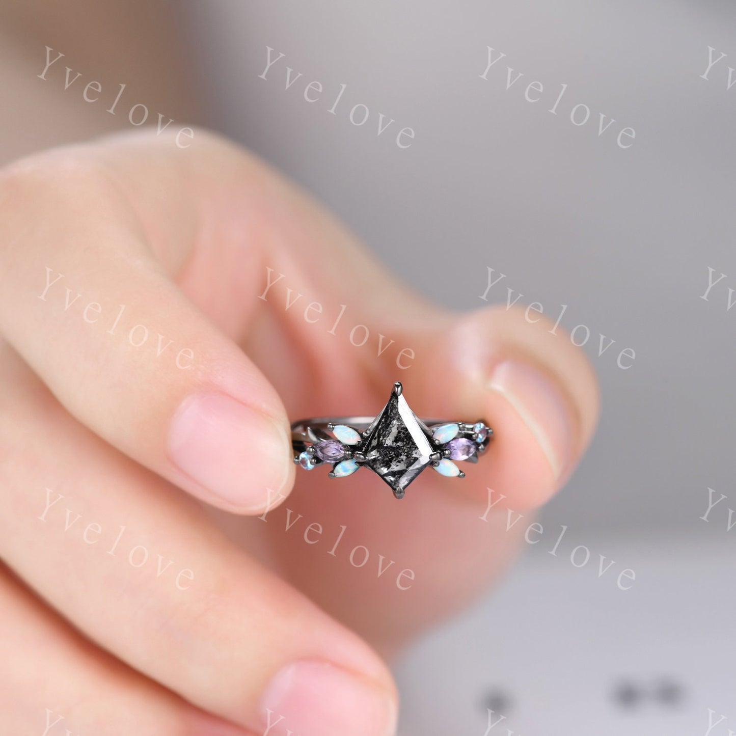 Vintage Kite Salt and Pepper Diamond Engagement Ring Set,Black Gold,Vines Amethyst Opal Ring,Women Bridal Set,Unique Twig Promise Ring Gift