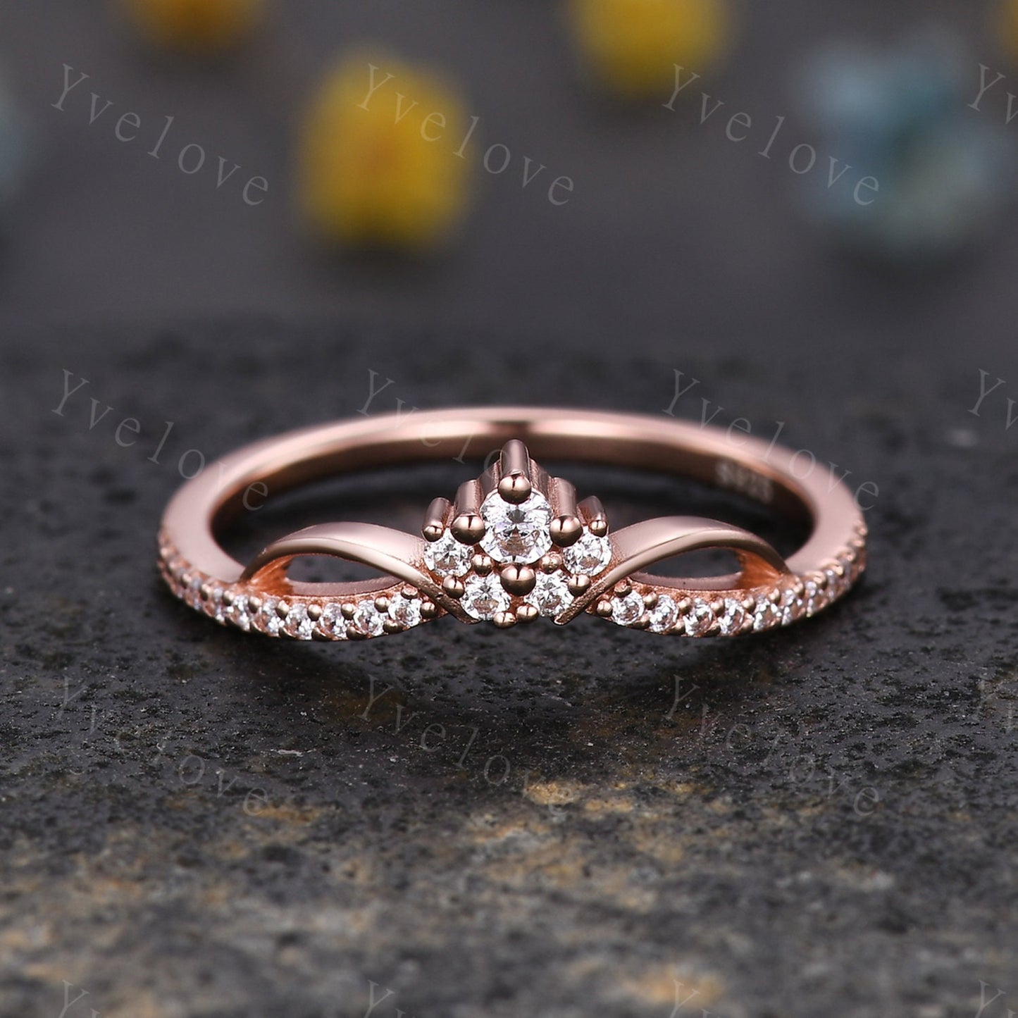 Minimalist diamond wedding ring,Art deco Floral personalized ring,Women anniversary gift ring V curved moissanite stacking matching band