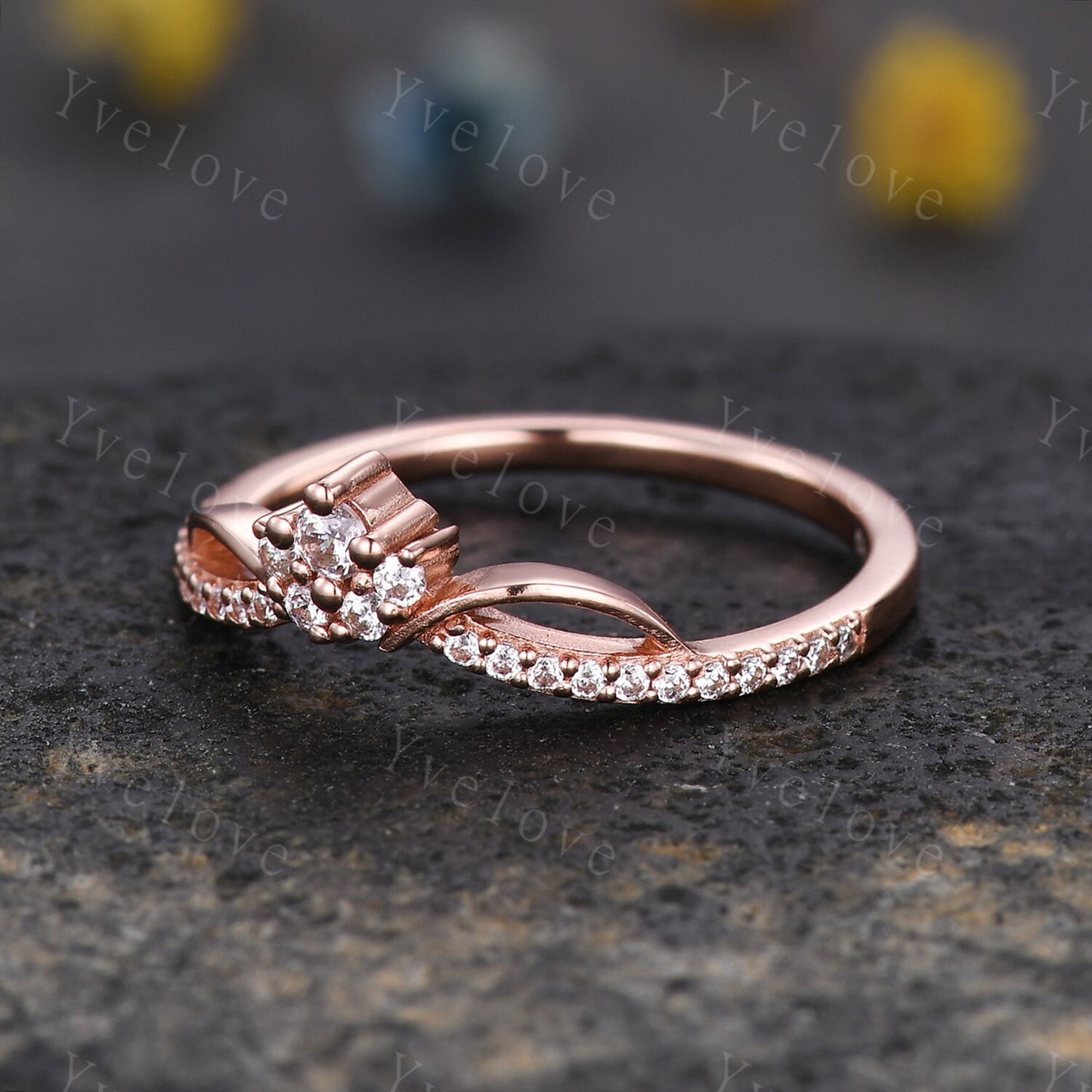 Minimalist diamond wedding ring,Art deco Floral personalized ring,Women anniversary gift ring V curved moissanite stacking matching band