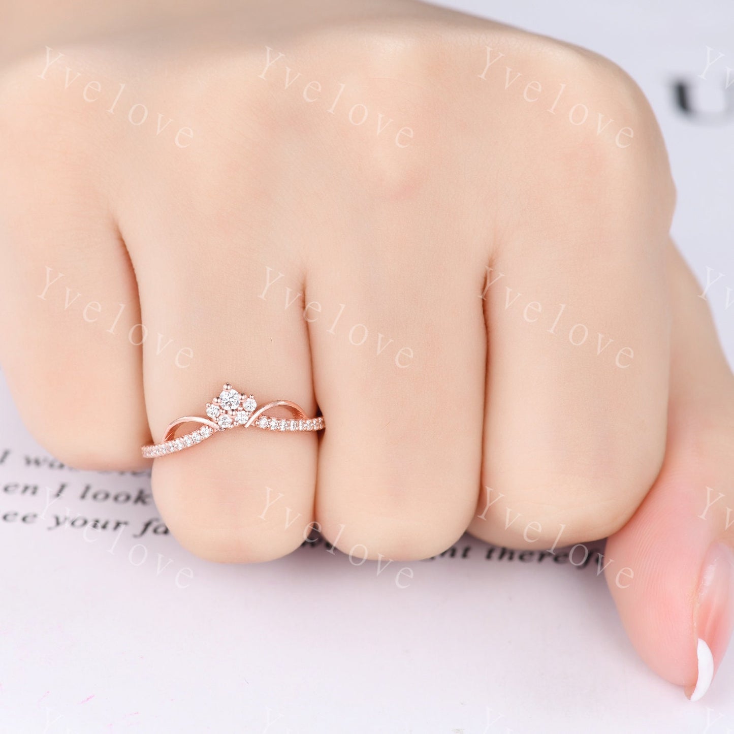 Minimalist diamond wedding ring,Art deco Floral personalized ring,Women anniversary gift ring V curved moissanite stacking matching band