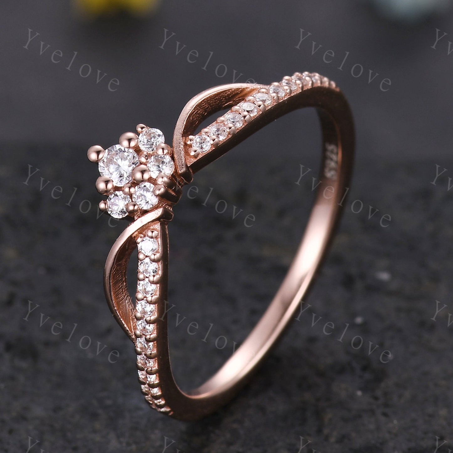 Minimalist diamond wedding ring,Art deco Floral personalized ring,Women anniversary gift ring V curved moissanite stacking matching band