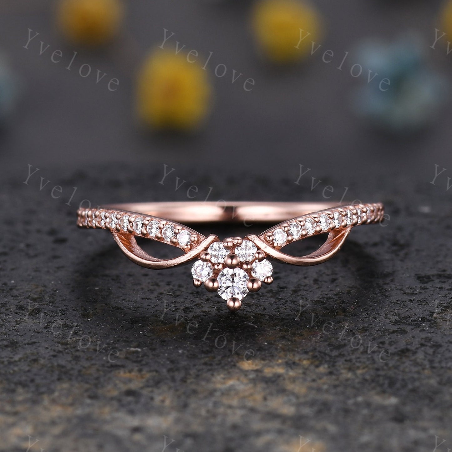 Minimalist diamond wedding ring,Art deco Floral personalized ring,Women anniversary gift ring V curved moissanite stacking matching band