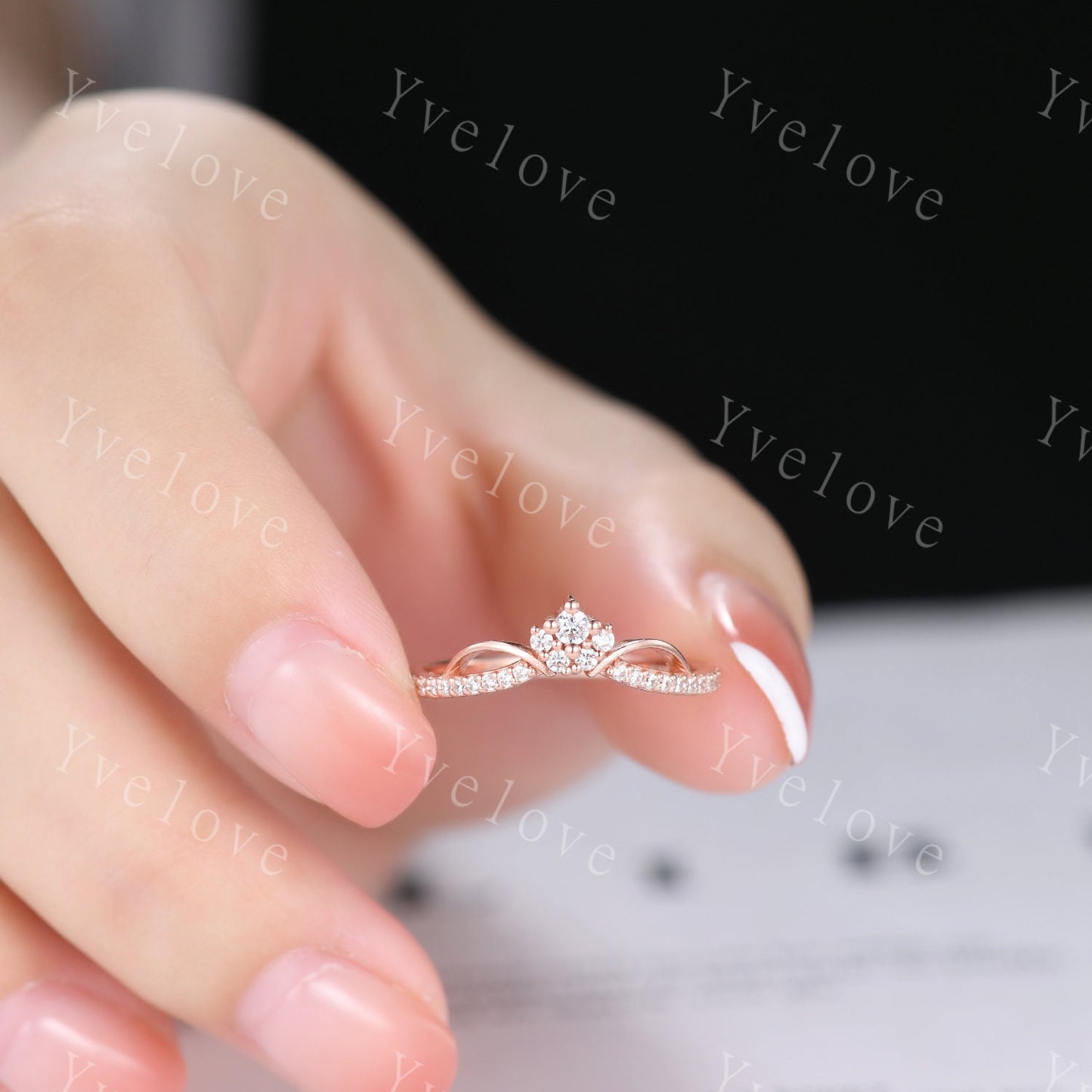 Minimalist diamond wedding ring,Art deco Floral personalized ring,Women anniversary gift ring V curved moissanite stacking matching band