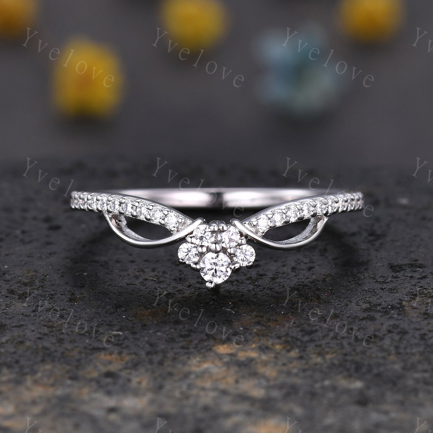 Minimalist diamond wedding ring,Art deco Floral personalized ring,Women anniversary gift ring V curved moissanite stacking matching band
