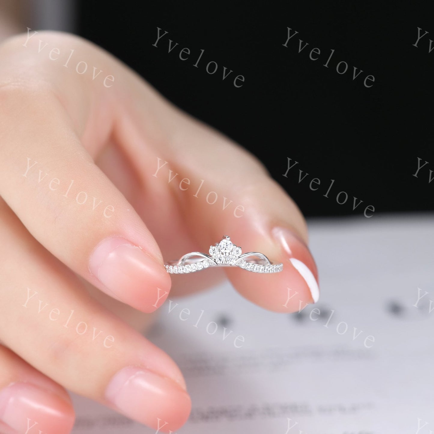 Minimalist diamond wedding ring,Art deco Floral personalized ring,Women anniversary gift ring V curved moissanite stacking matching band