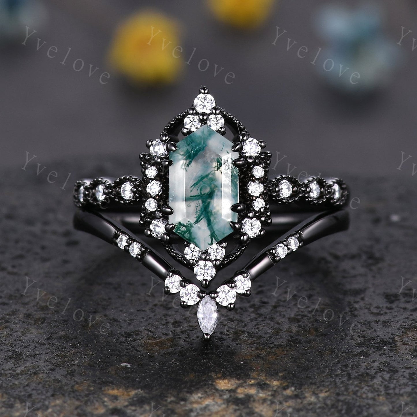 Retro Hexagon Shaped Moss Agate Engagement Ring Black Silver Antique Moissanite Stacking Matching Wedding Band Promise Ring Gift For Women