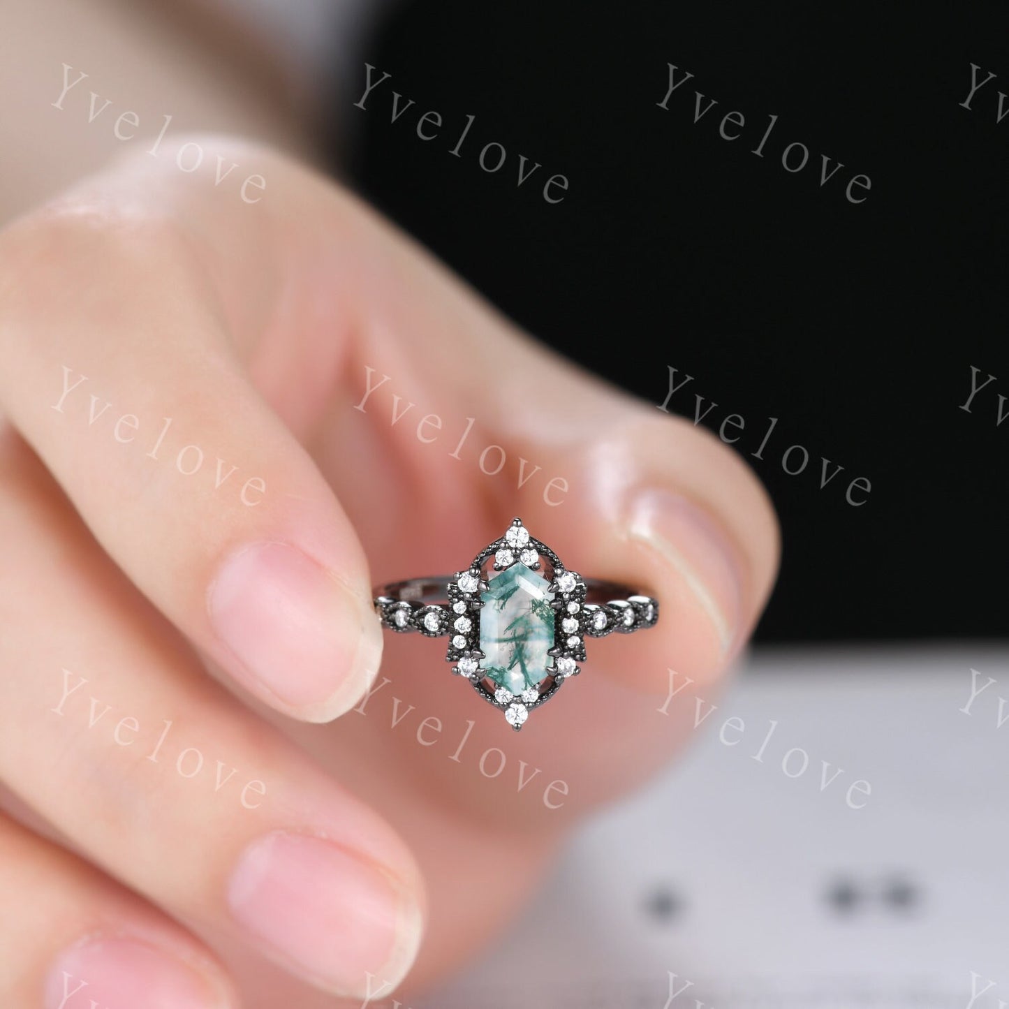 Retro Hexagon Shaped Moss Agate Engagement Ring Black Silver Antique Moissanite Stacking Matching Wedding Band Promise Ring Gift For Women