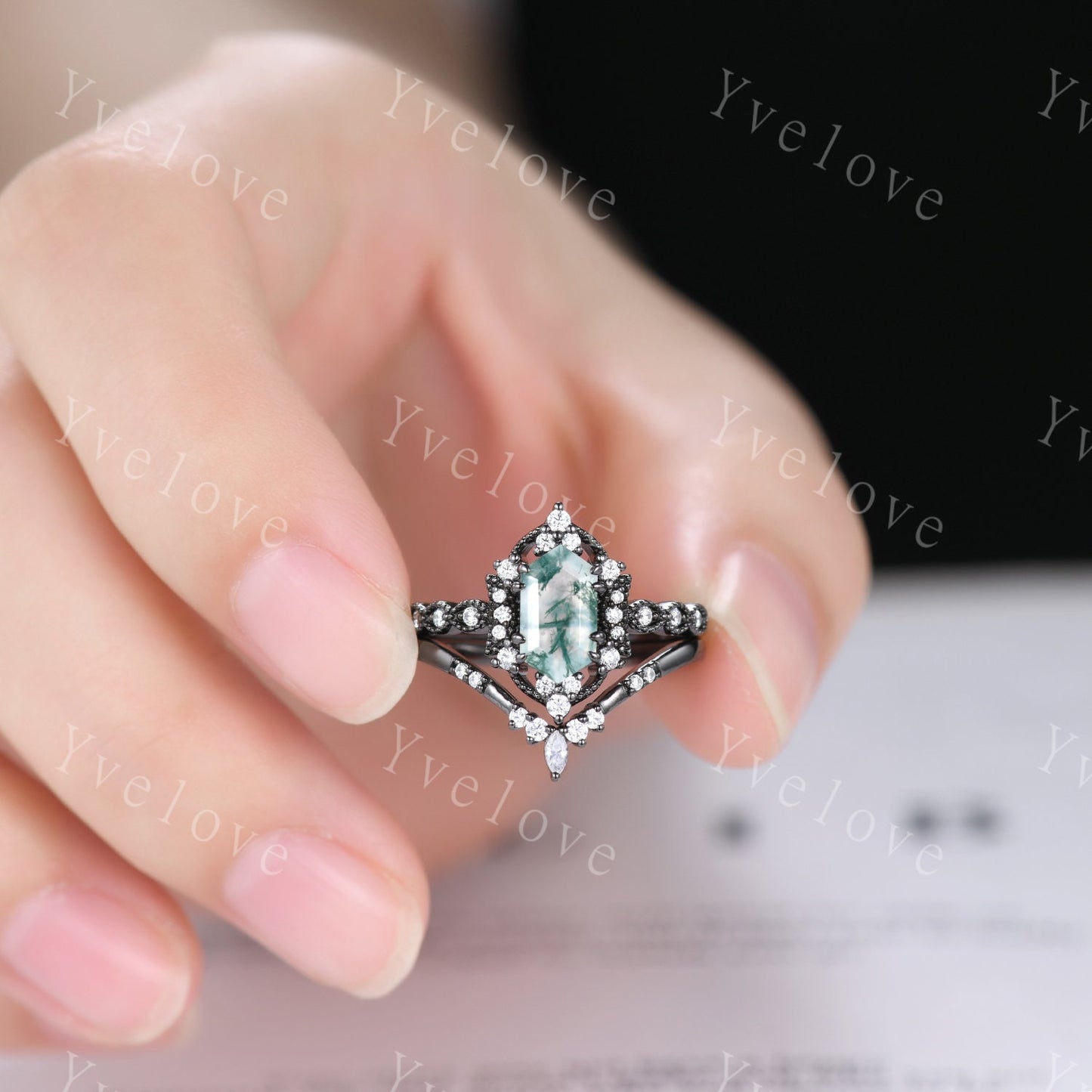 Retro Hexagon Shaped Moss Agate Engagement Ring Set Black Gold Antique V Curved Moissanite Stack Matching Wedding Band Bridal Set For Women