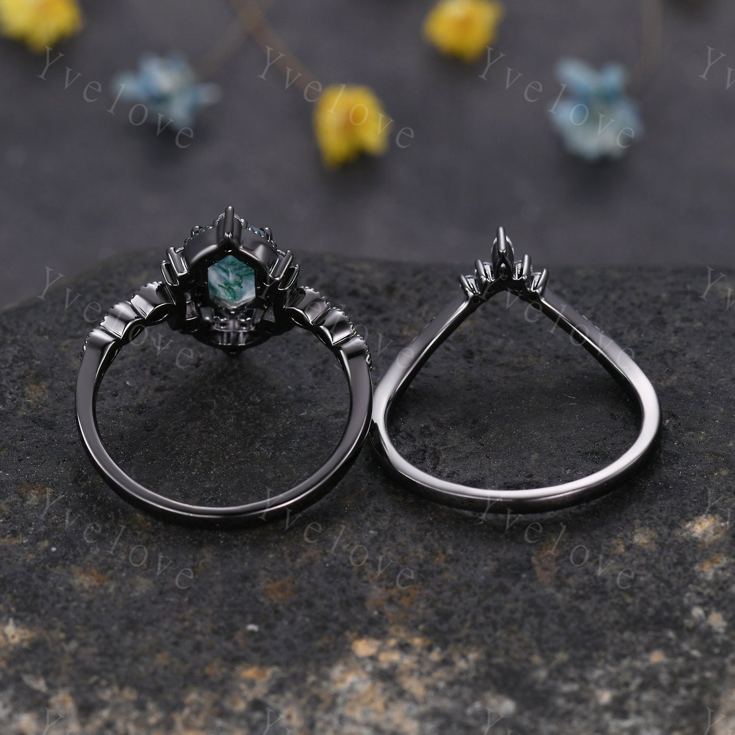 Retro Hexagon Shaped Moissanite Engagement Ring Set Black Gold Antique V Curved Moissanite Stack Matching Wedding Band Bridal Set For Women