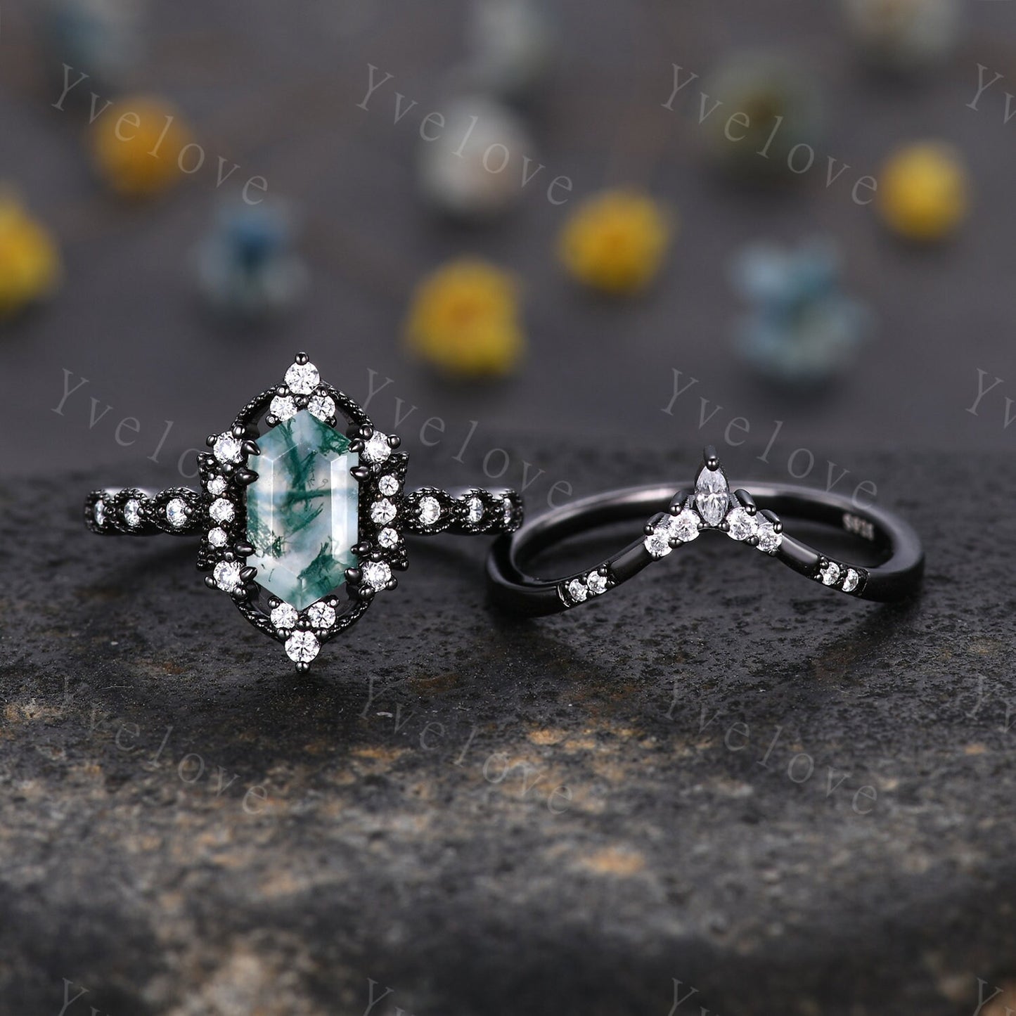 Retro Hexagon Shaped Moss Agate Engagement Ring Set Black Gold Antique V Curved Moissanite Stack Matching Wedding Band Bridal Set For Women