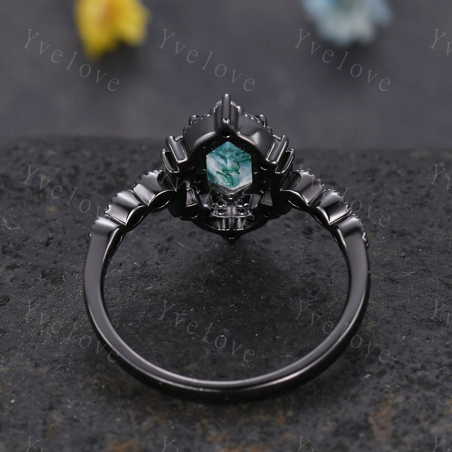 Retro Hexagon Shaped Moss Agate Engagement Ring Black Silver Antique Moissanite Stacking Matching Wedding Band Promise Ring Gift For Women
