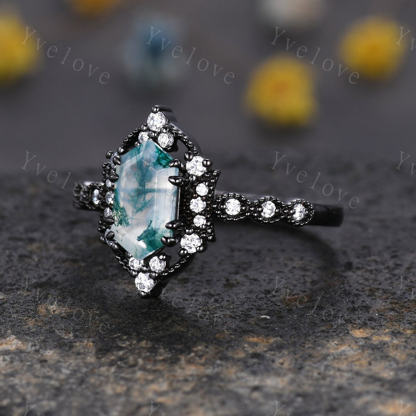 Retro Hexagon Shaped Moss Agate Engagement Ring Black Silver Antique Moissanite Stacking Matching Wedding Band Promise Ring Gift For Women