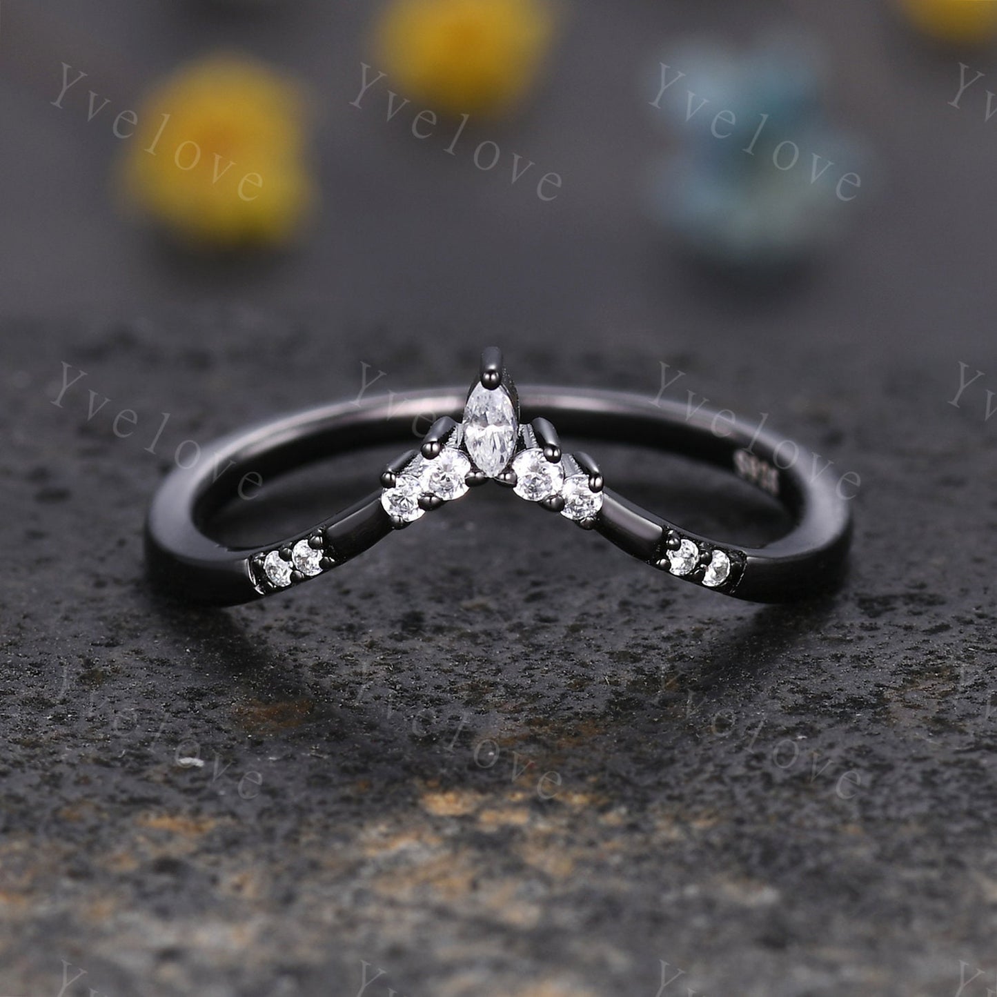 Dainty Moissanite wedding band Art Deco V Curved Diamond wedding band Stacking Matching Band Bridal Promise Anniversary Gift Black Gold Ring