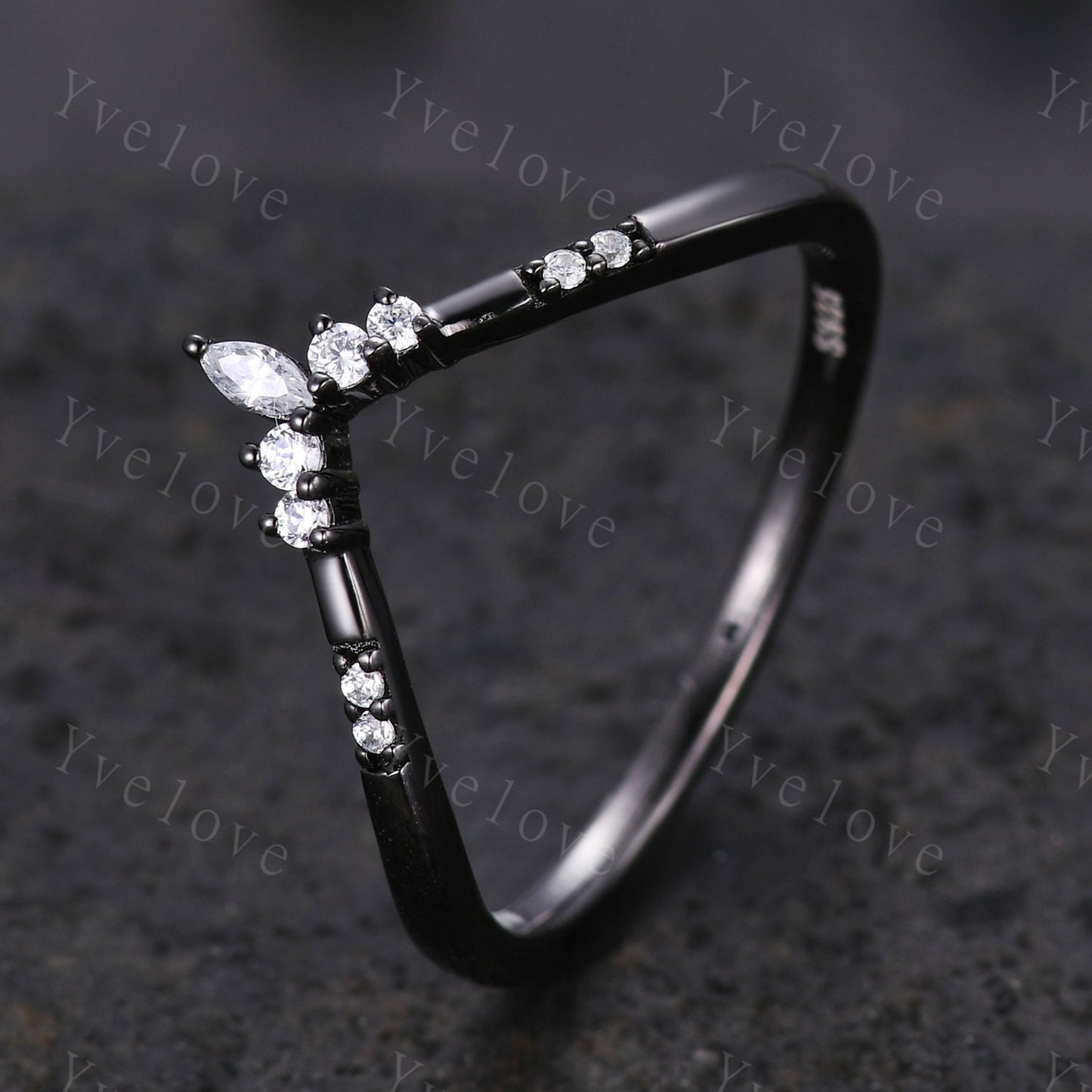 Dainty Moissanite wedding band Art Deco V Curved Diamond wedding band Stacking Matching Band Bridal Promise Anniversary Gift Black Gold Ring