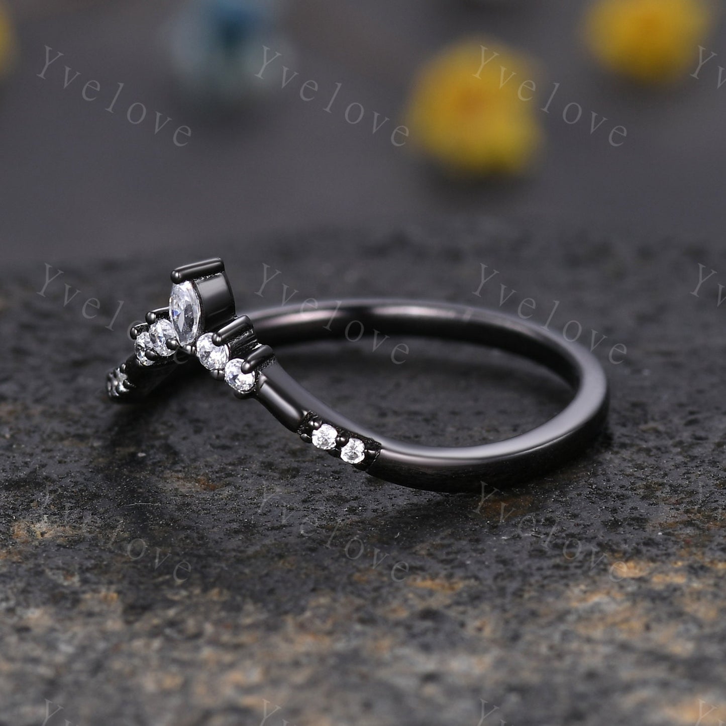 Dainty Moissanite wedding band Art Deco V Curved Diamond wedding band Stacking Matching Band Bridal Promise Anniversary Gift Black Gold Ring
