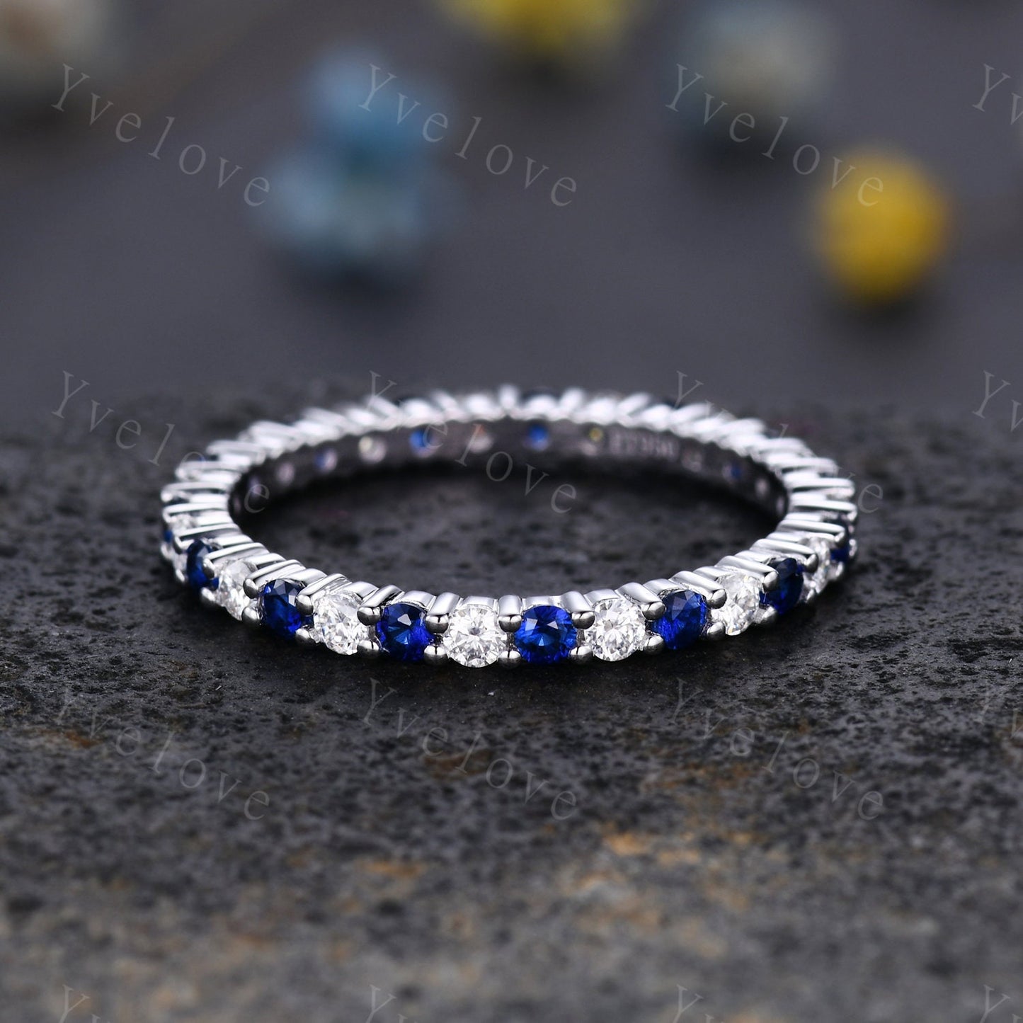 2mm blue sapphire diamond engagement ring eternity band 14k solid white gold moissanite matching stacking ring custom jewelry Christmas gift