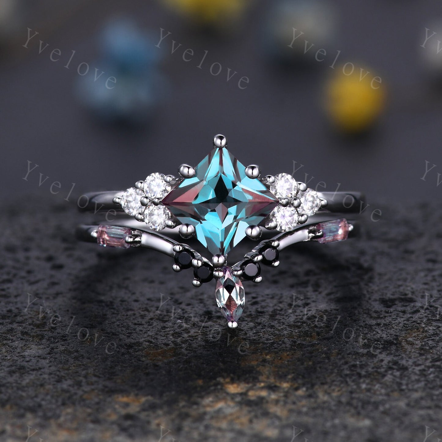 2PCS Vintage Unique Princess Cut Alexandrite Engagement Ring Set,Black Spinel Ring,June birthtone,14k solid gold,Women Unique Ring Set Gift