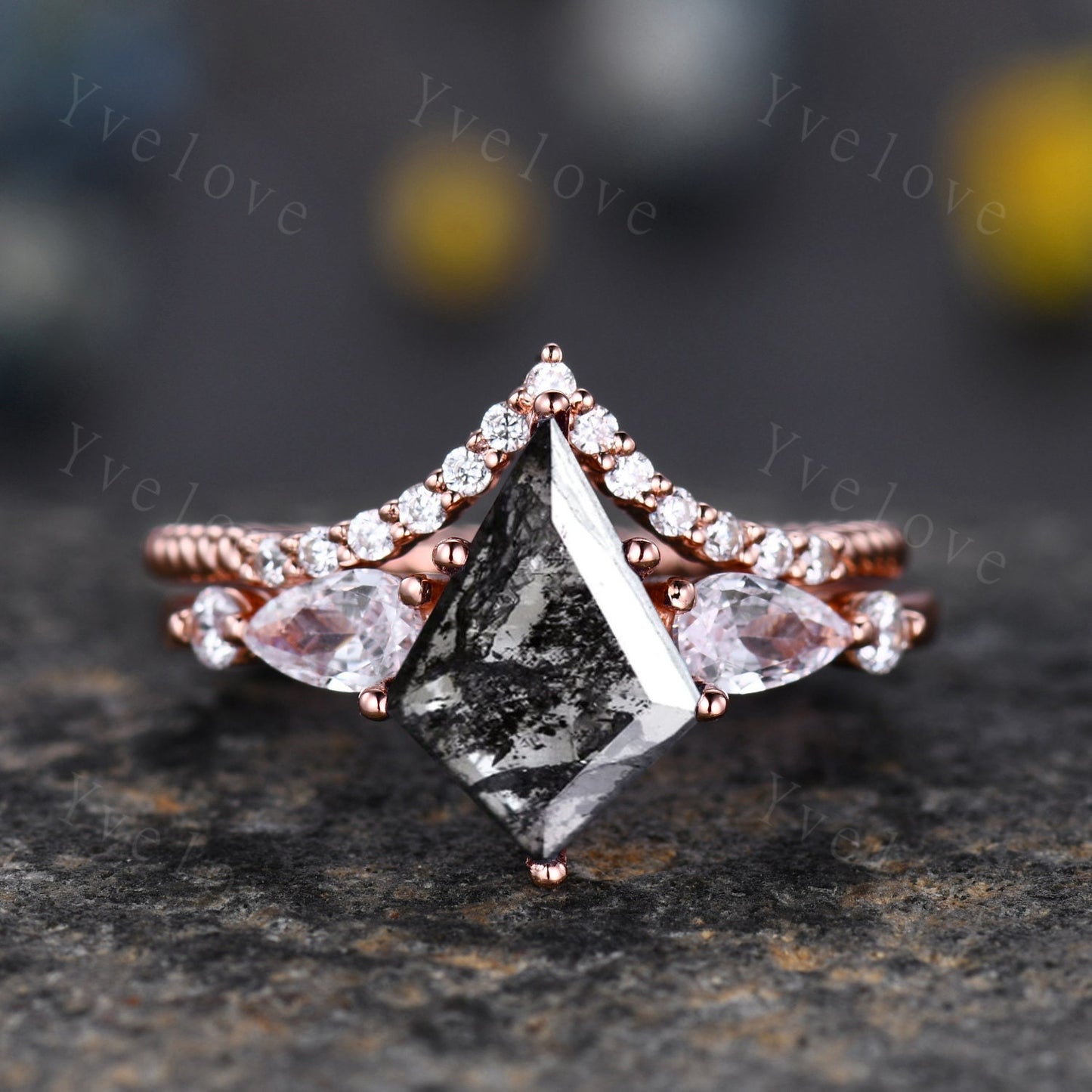Retro Kite Cut Salt and Pepper Diamond Ring Set,Grey Diamond Engagement Ring,Moissanite Promise Ring,Bridal Anniversary Ring Gift For Her