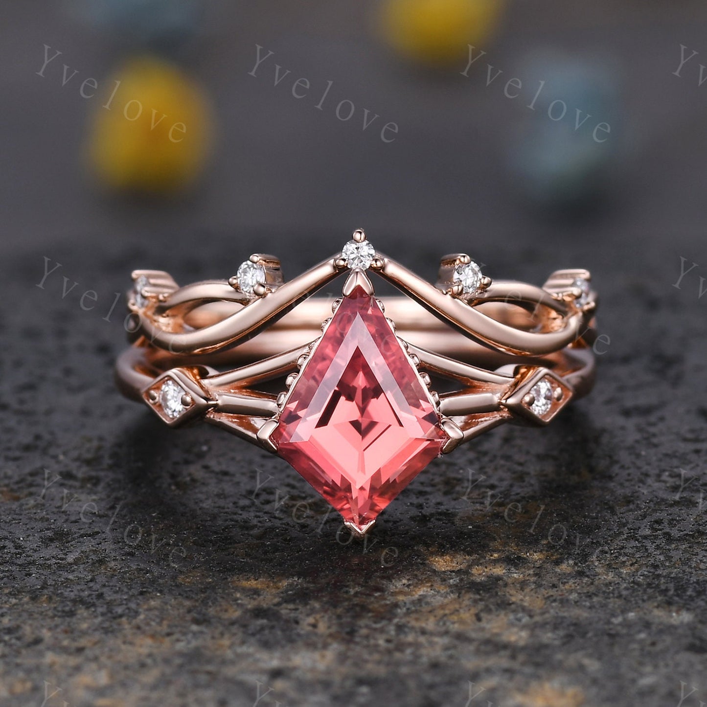 Art Deco Padparadscha Sapphire Ring,Vintage Bridal Set,Unique Kite Shaped Sapphire Engagement Ring Promise Ring,Anniversary Gift For Her