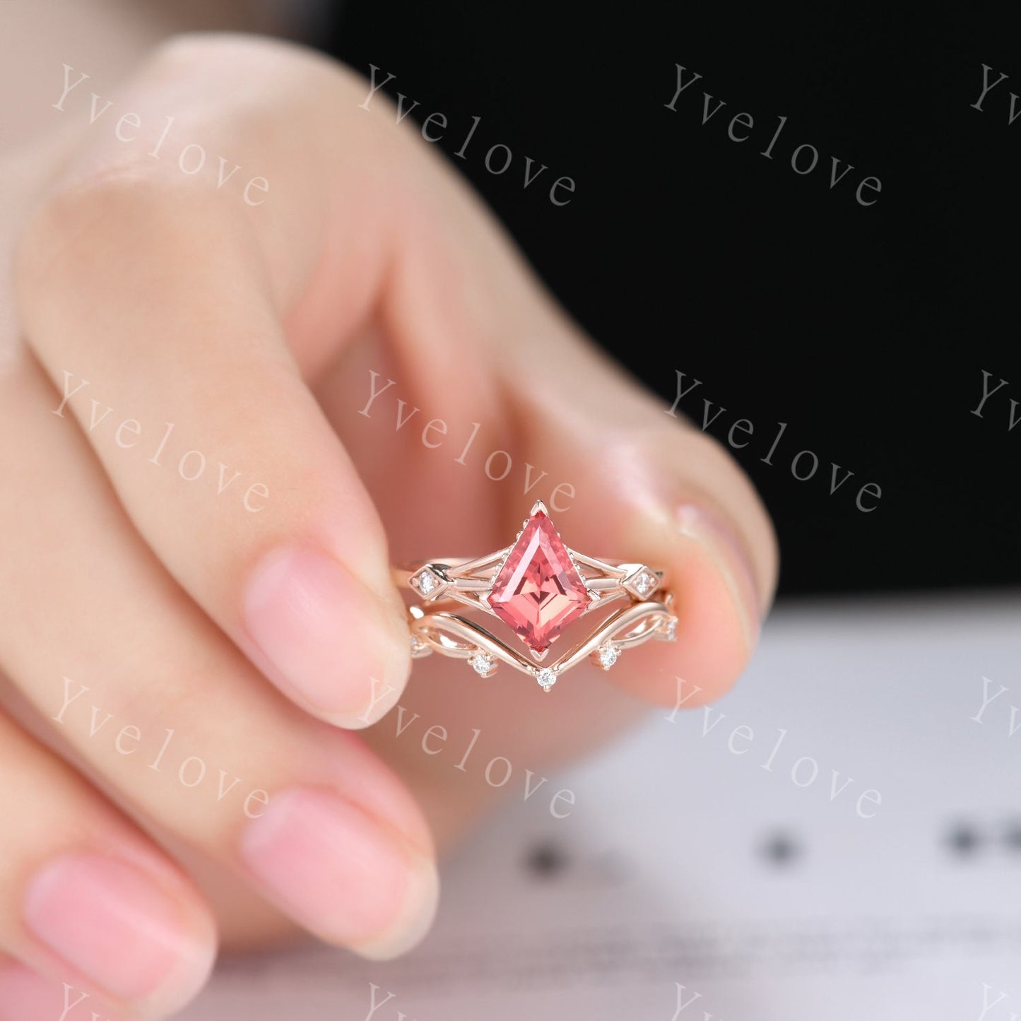 Art Deco Padparadscha Sapphire Ring,Vintage Bridal Set,Unique Kite Shaped Sapphire Engagement Ring Promise Ring,Anniversary Gift For Her