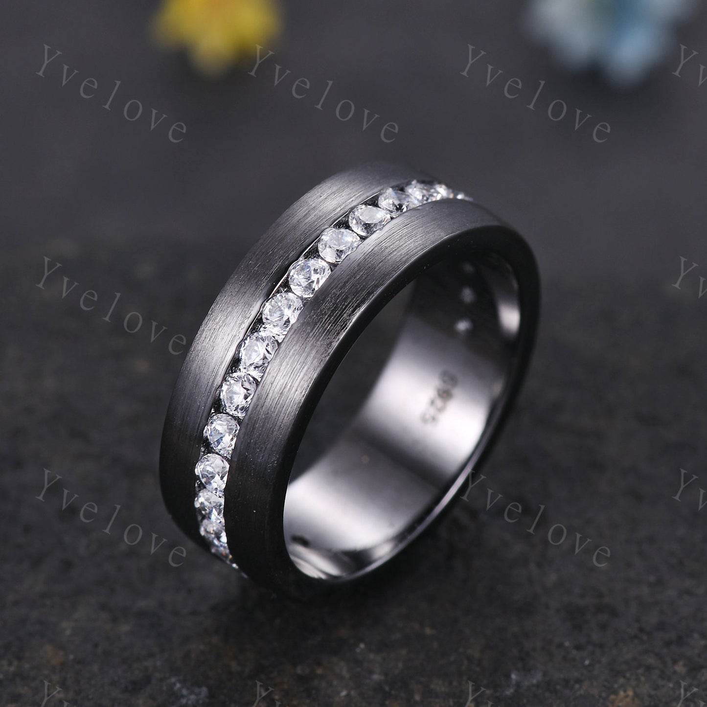 Mens Diamond Wedding Ring Moissanite Black Gold Ring Brushed Band 3/4 Eternity Band Mens Stacking Matching Band Retro Vintage Ring For Him