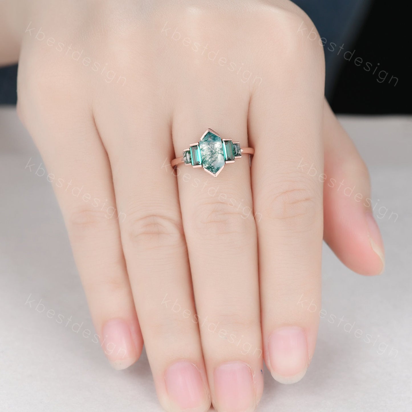 Hexagon cut Moss Agate ring Unique Rose gold engagement ring Baguette Emerald ring Bezel set ring Vintage Bridal wedding anniversary ring