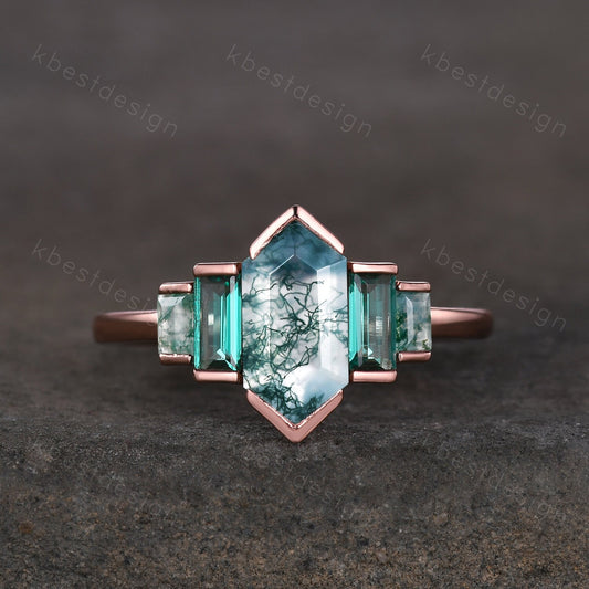 Hexagon cut Moss Agate ring Unique Rose gold engagement ring Baguette Emerald ring Bezel set ring Vintage Bridal wedding anniversary ring
