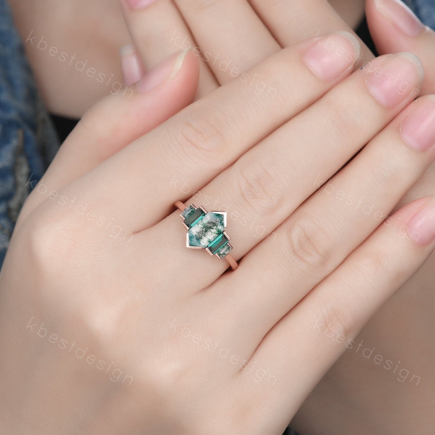 Hexagon cut Moss Agate ring Unique Five stone engagement ring Baguette Emerald ring Bezel set ring Vintage Bridal wedding anniversary ring