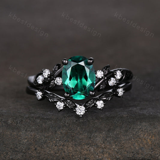 Oval cut green emerald engagement ring set black gold twig leaf engagement ring nature inspired wedding ring art deco moissanite ring set