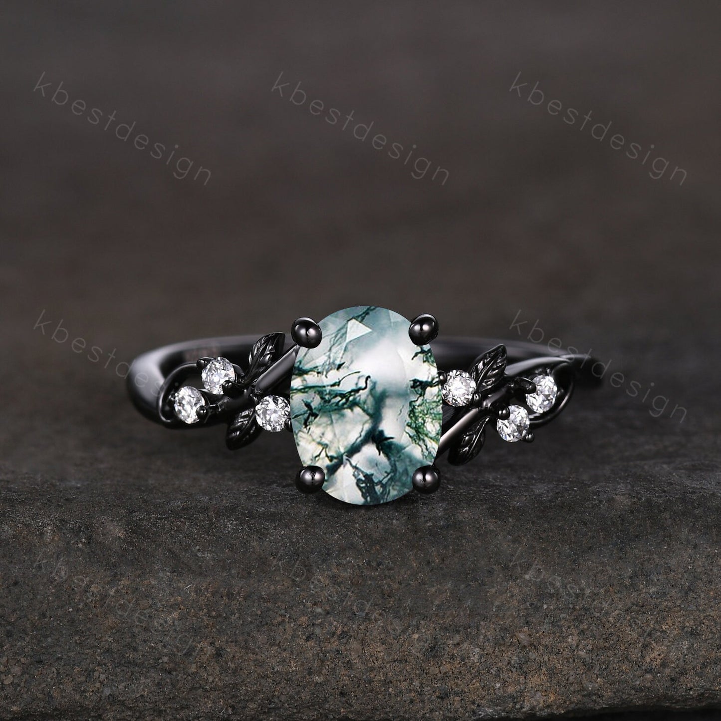 Vintage oval moss agate engagement ring set black gold twig leaf moissanite ring nature branch ring unique art deco bridal wedding ring set