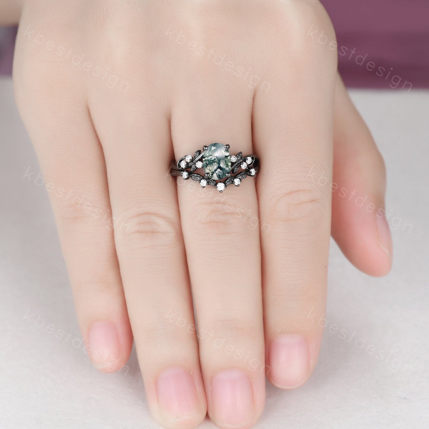 Vintage oval moss agate engagement ring set silver ring twig leaf moissanite ring nature branch ring unique art deco bridal wedding ring set