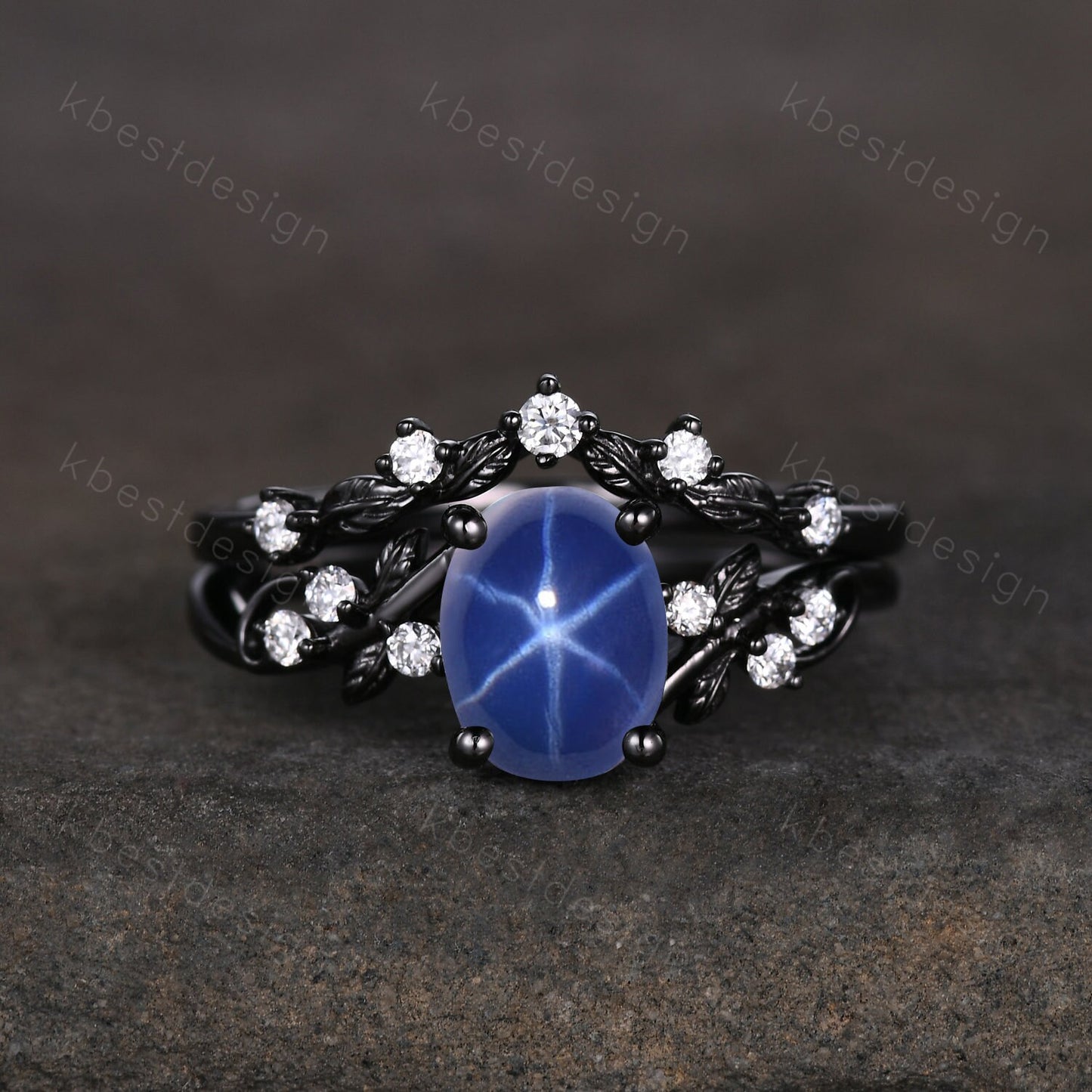 Star Sapphire Engagement Ring Set Oval Cut Galaxy Crystal Engagement Ring Black Gold Leaf Moissanite Ring Unique Promise Ring September Ring