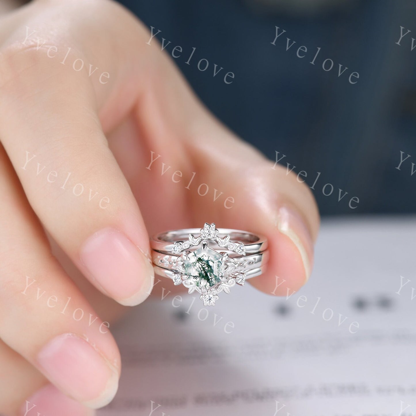 Hexagon Shaped Moss Agate Engagement Ring Set Silver Ring Vintage Moss Agate Wedding Ring Enhancer Band Art Deco Bridal  Ring Set For Women