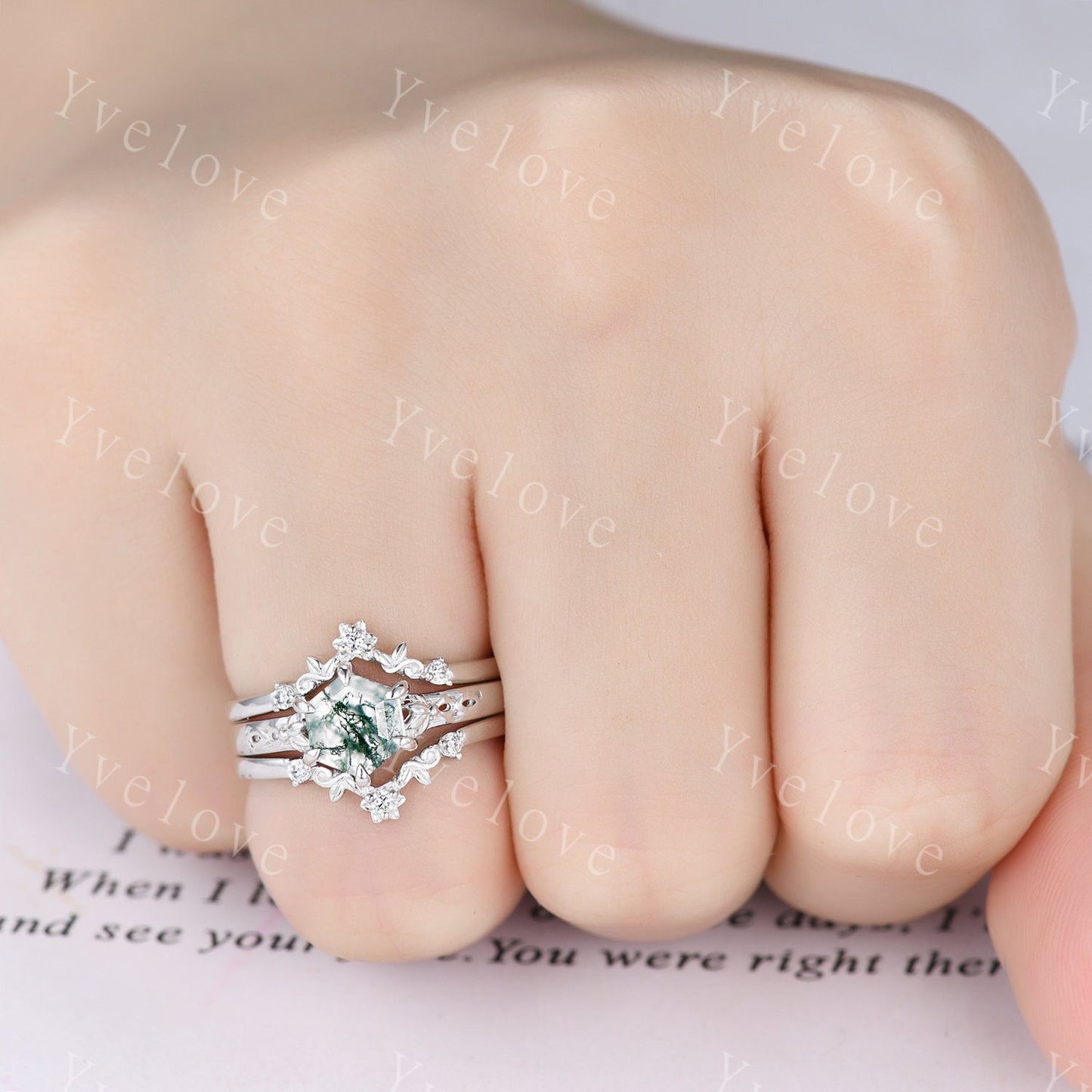 Hexagon Shaped Moss Agate Engagement Ring Set Silver Ring Vintage Moss Agate Wedding Ring Enhancer Band Art Deco Bridal  Ring Set For Women