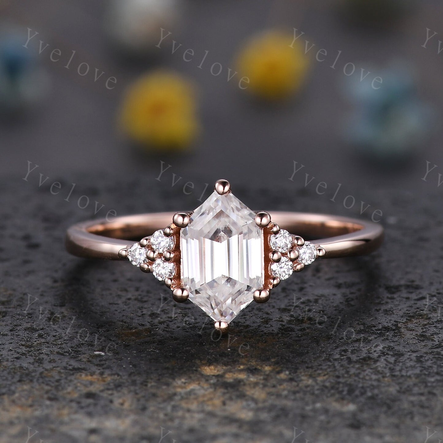 Retro hexagon Moissanite Ring,Vintage Moissanite Ring Set,Unique Diamond Engagement Ring,Promise Ring,Anniversary Ring Gift For Her,Platinum
